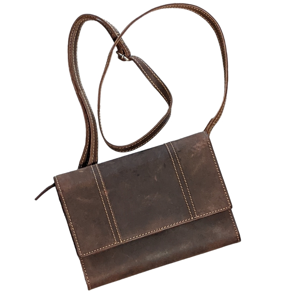 Paul & Taylor USA brown weathered tri fold wallet cross body bag leather